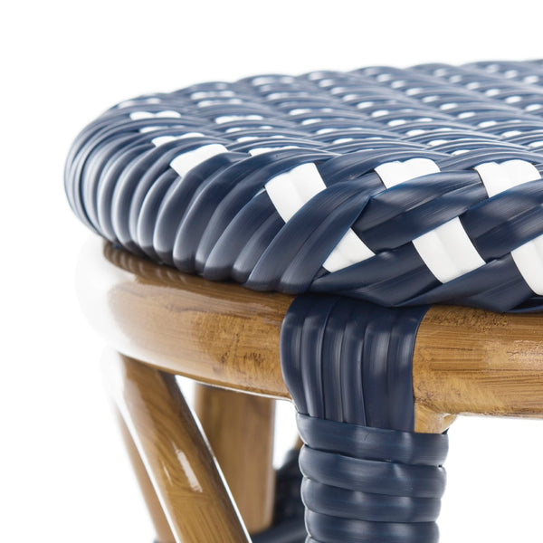 Safavieh Kipnuk Coastal Farmhouse Bar Stool - Navy & White Rattan, Indoor/Outdoor Bistro Style Seating FOX5211D
