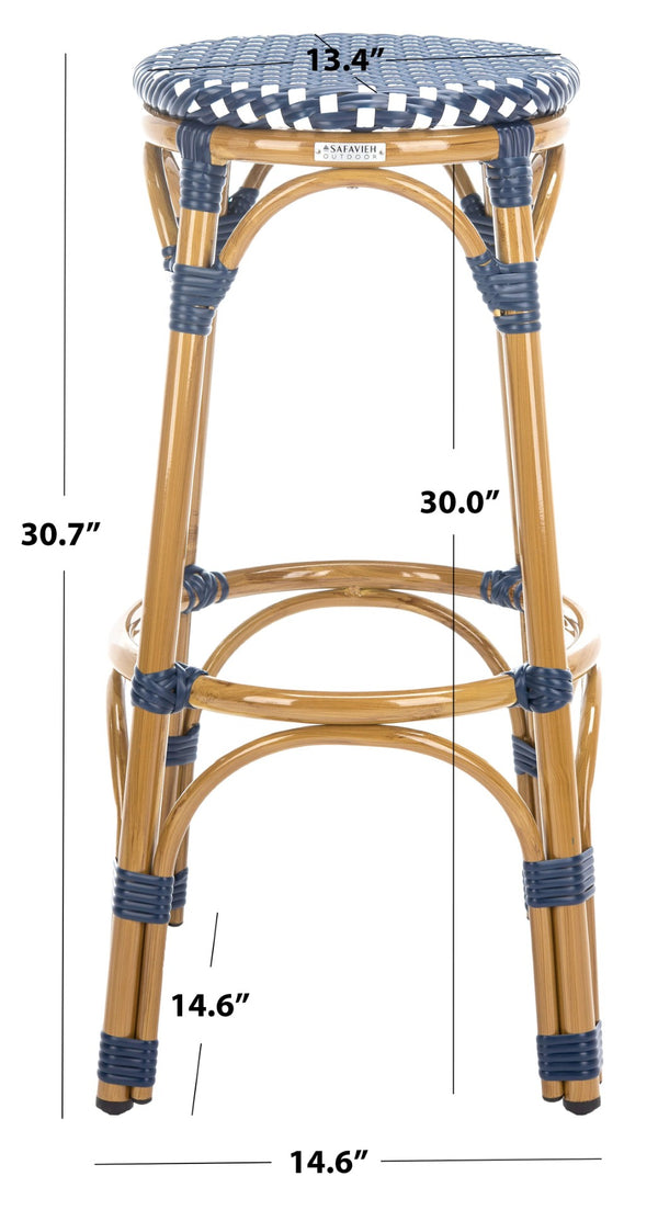 Safavieh Kipnuk Coastal Farmhouse Bar Stool - Navy & White Rattan, Indoor/Outdoor Bistro Style Seating FOX5211D