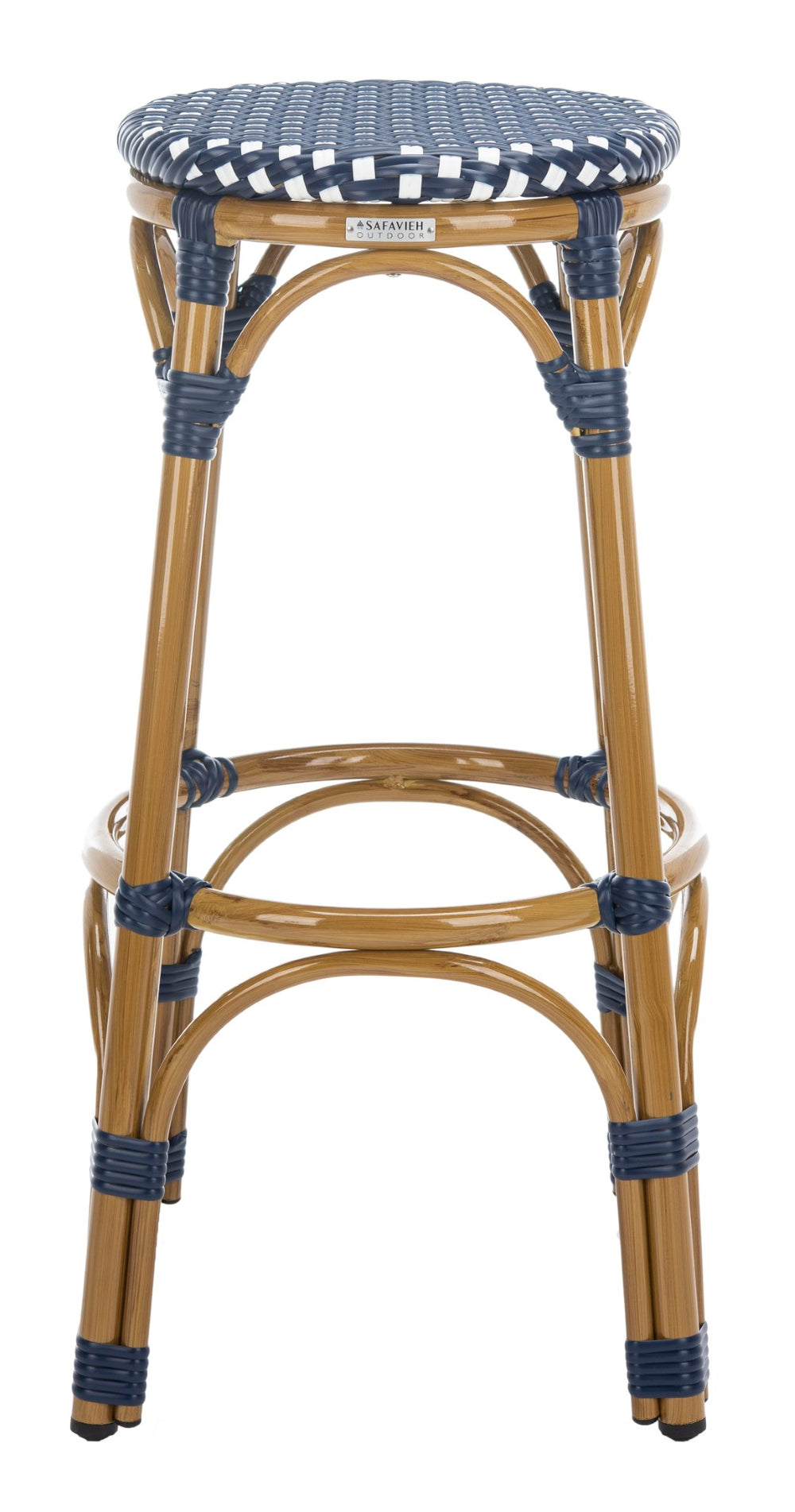 Safavieh Kipnuk Coastal Farmhouse Bar Stool - Navy & White Rattan, Indoor/Outdoor Bistro Style Seating FOX5211D