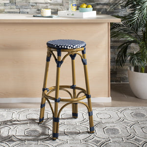 Safavieh Kipnuk Coastal Farmhouse Bar Stool - Navy & White Rattan, Indoor/Outdoor Bistro Style Seating FOX5211D