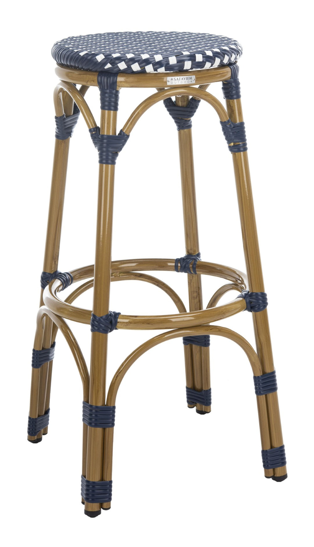 Safavieh Kipnuk Coastal Farmhouse Bar Stool - Navy & White Rattan, Indoor/Outdoor Bistro Style Seating FOX5211D
