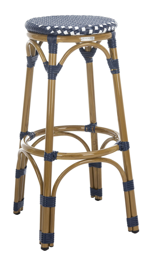 Safavieh Kipnuk Coastal Farmhouse Bar Stool - Navy & White Rattan, Indoor/Outdoor Bistro Style Seating FOX5211D