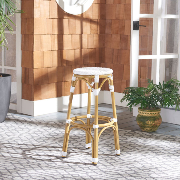 Safavieh KIPNUK Barstool in White - Modern Coastal Bistro Style for Indoor & Outdoor Entertaining Spaces FOX5211E