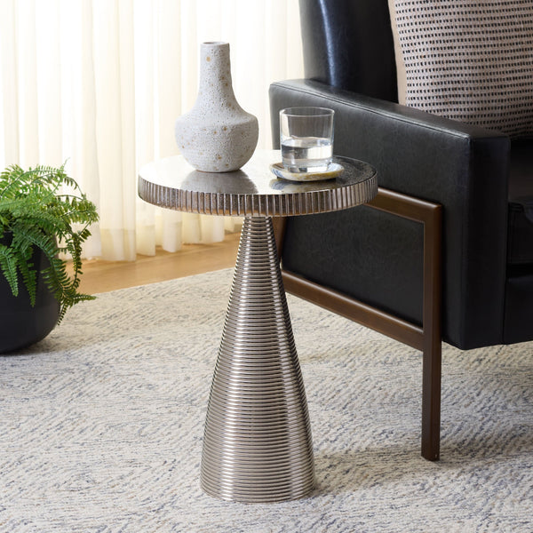 Champeaux Round Accent Table With Sculptural Tapered Pedestal, Textured Aluminum Finish, 21" H