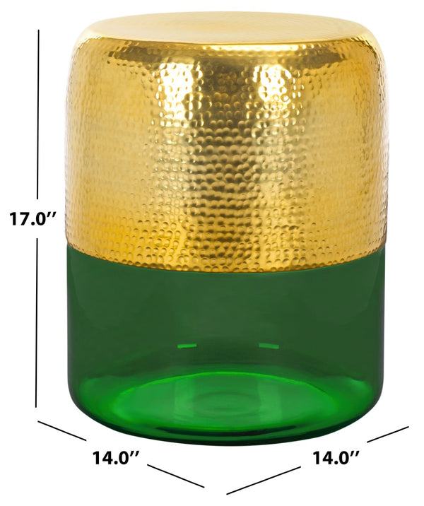 Safavieh Saanvi Luxurious Round Accent Table With Hammered Gold Top & Emerald Glass Base For Chic Décor FOX5530A
