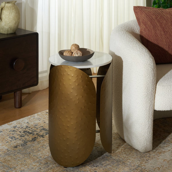 Safavieh Shiara Round Accent Table - Modern Luxe Design With White Marble Top & Antique Brass Base For Decor FOX5531A