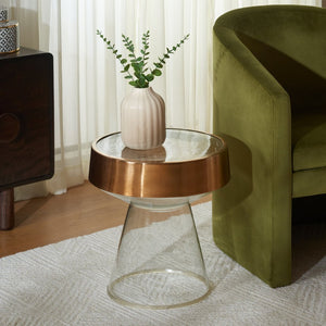 Safavieh Szabo Round Accent Table - Modern Clear Glass With Ripple Texture & Polished Gold Band For Elegance FOX5533A
