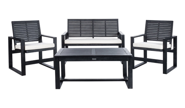 Safavieh OXARK 4-Piece Outdoor Furniture Set with Navy Cushions for Elegant Patio & Garden Comfort Black / Beige FOX6007E