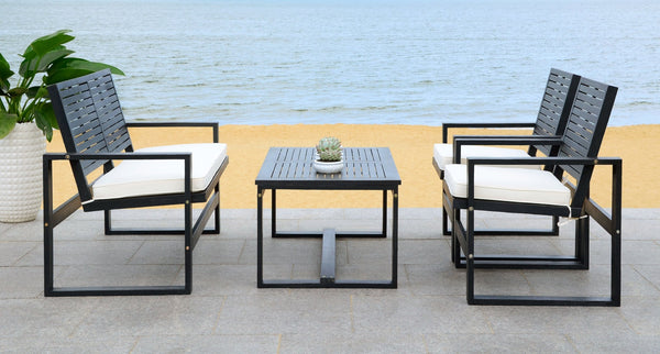 Safavieh OXARK 4-Piece Outdoor Furniture Set with Navy Cushions for Elegant Patio & Garden Comfort Black / Beige FOX6007E