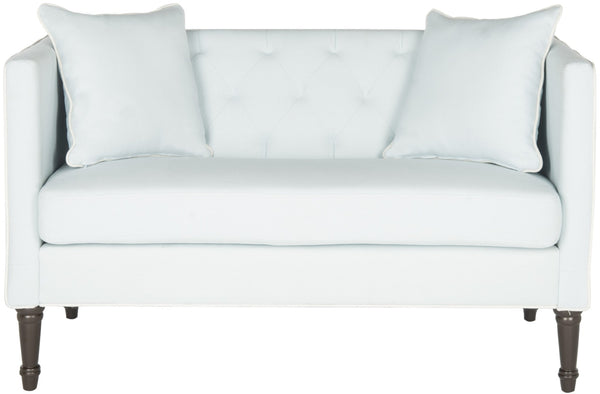 Safavieh Sarah Tufted Settee - Elegant Loveseat With Plush Cushions And Decorative Pillows For Stylish Spaces Powder Blue/White/Espresso FOX6206C