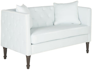 Safavieh Sarah Tufted Settee - Elegant Loveseat With Plush Cushions And Decorative Pillows For Stylish Spaces Powder Blue/White/Espresso FOX6206C