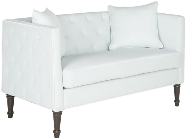 Safavieh Sarah Tufted Settee - Elegant Loveseat With Plush Cushions And Decorative Pillows For Stylish Spaces Powder Blue/White/Espresso FOX6206C