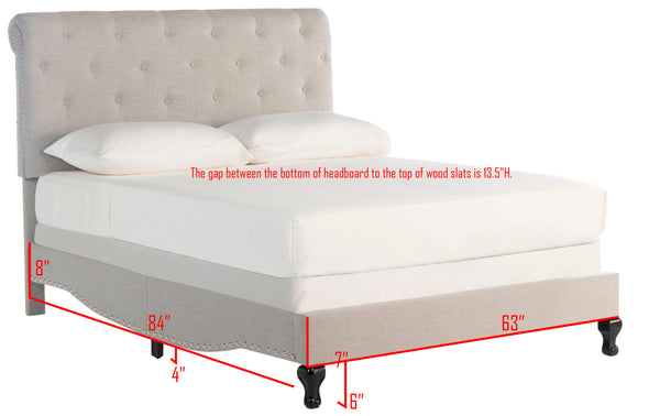 Safavieh Hathaway Queen Bed - Luxurious Light Grey Upholstered Design With Curved Sides & Silver Nailheads Light Grey Linen,Nickel Nail Head Fox6214d-q