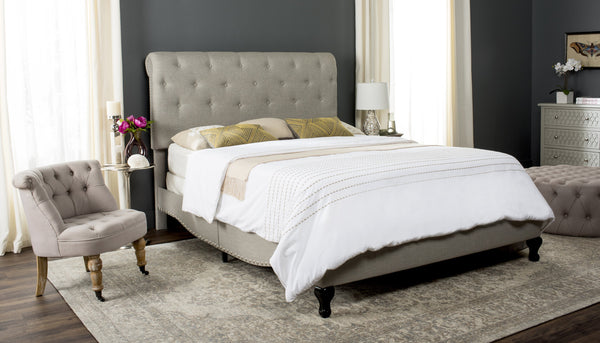 Safavieh Hathaway Queen Bed - Luxurious Light Grey Upholstered Design With Curved Sides & Silver Nailheads Light Grey Linen,Nickel Nail Head Fox6214d-q