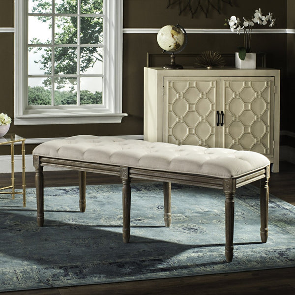 Safavieh Rocha 19''H French-Inspired Tufted Wood Bench - Elegant Rustic Charm For Entryways & Living Spaces Beige/Rustic Oak FOX6231A