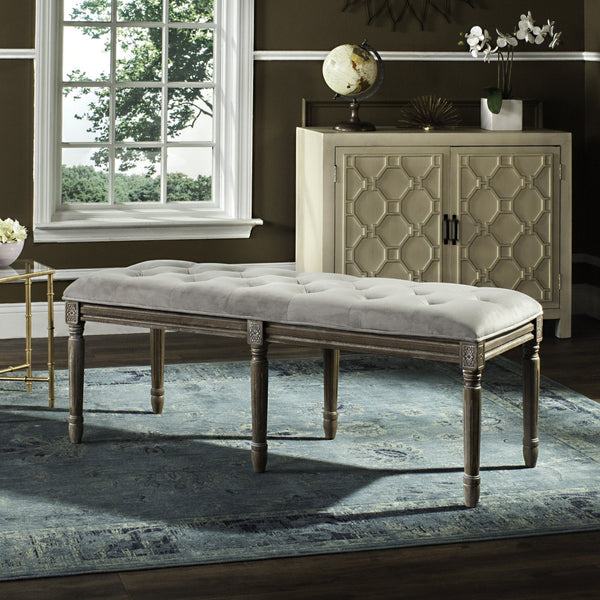 Safavieh Rocha 19''H French-Inspired Tufted Wood Bench - Elegant Rustic Charm For Entryways & Living Spaces Grey Velvet/Rustic Oak FOX6231B