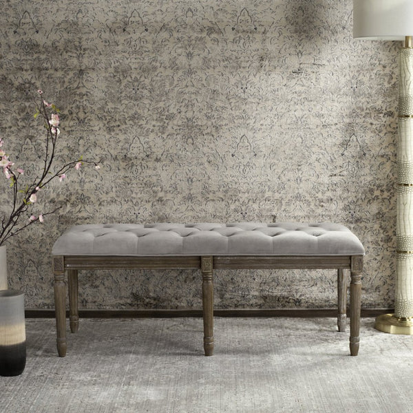 Safavieh Rocha 19''H French-Inspired Tufted Wood Bench - Elegant Rustic Charm For Entryways & Living Spaces Grey Velvet/Rustic Oak FOX6231B