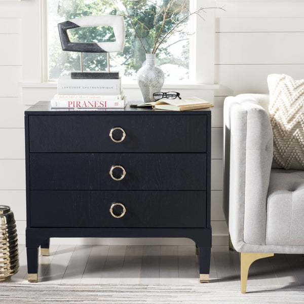 Safavieh Lorna Contemporary Nightstand With 3 Spacious Drawers For Elegant Bedroom Storage Solutions Navy/Gold FOX6232B