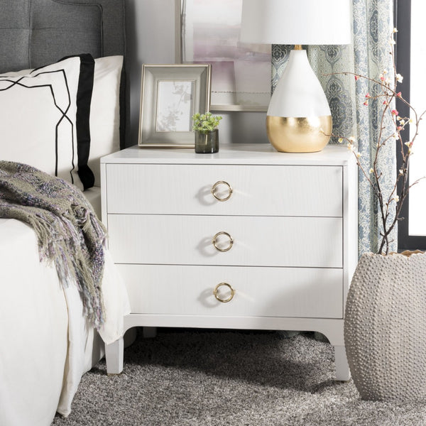 Safavieh Lorna Contemporary Nightstand With 3 Spacious Drawers For Elegant Bedroom Storage Solutions White/Gold FOX6232C