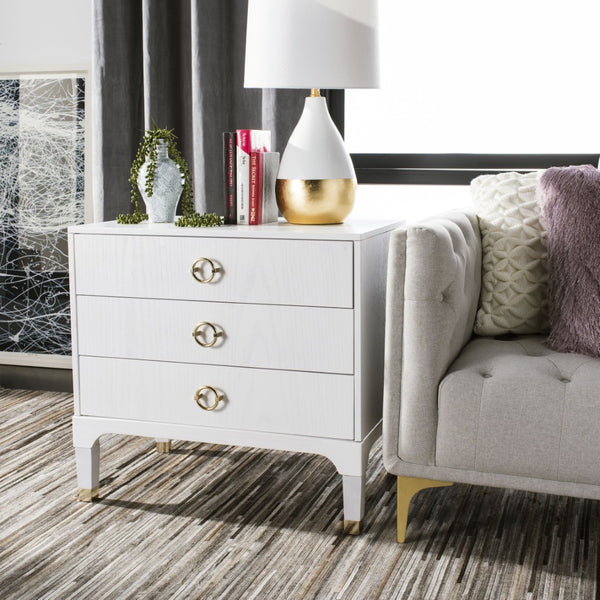 Safavieh Lorna Contemporary Nightstand With 3 Spacious Drawers For Elegant Bedroom Storage Solutions White/Gold FOX6232C