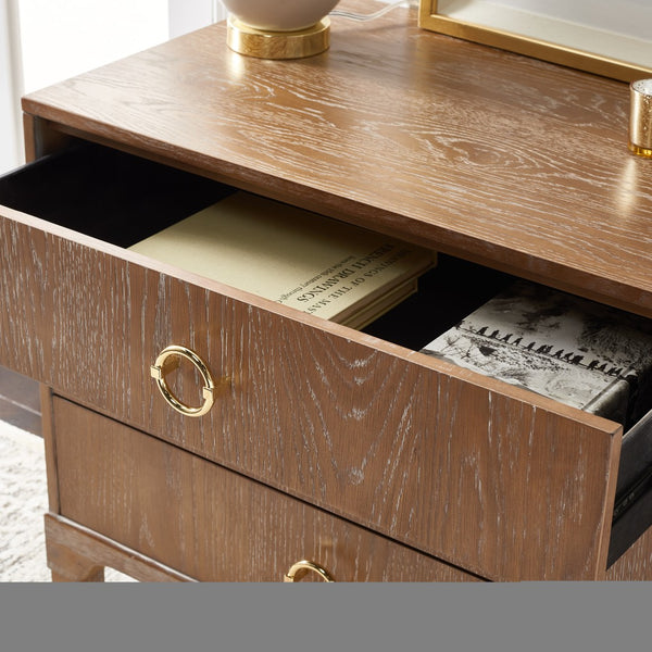 Safavieh Lorna Contemporary Nightstand With 3 Spacious Drawers For Elegant Bedroom Storage Solutions Oak Wood Vaneer/Gold FOX6232D