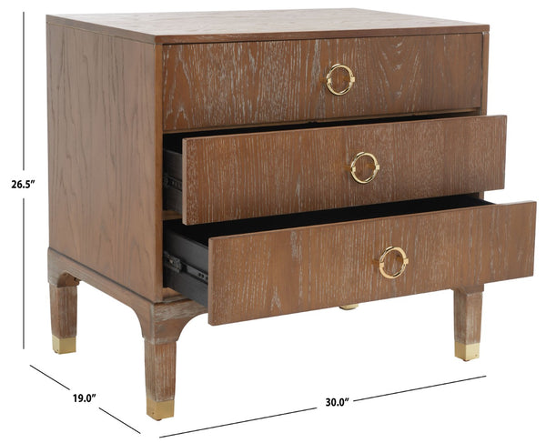 Safavieh Lorna Contemporary Nightstand With 3 Spacious Drawers For Elegant Bedroom Storage Solutions Oak Wood Vaneer/Gold FOX6232D