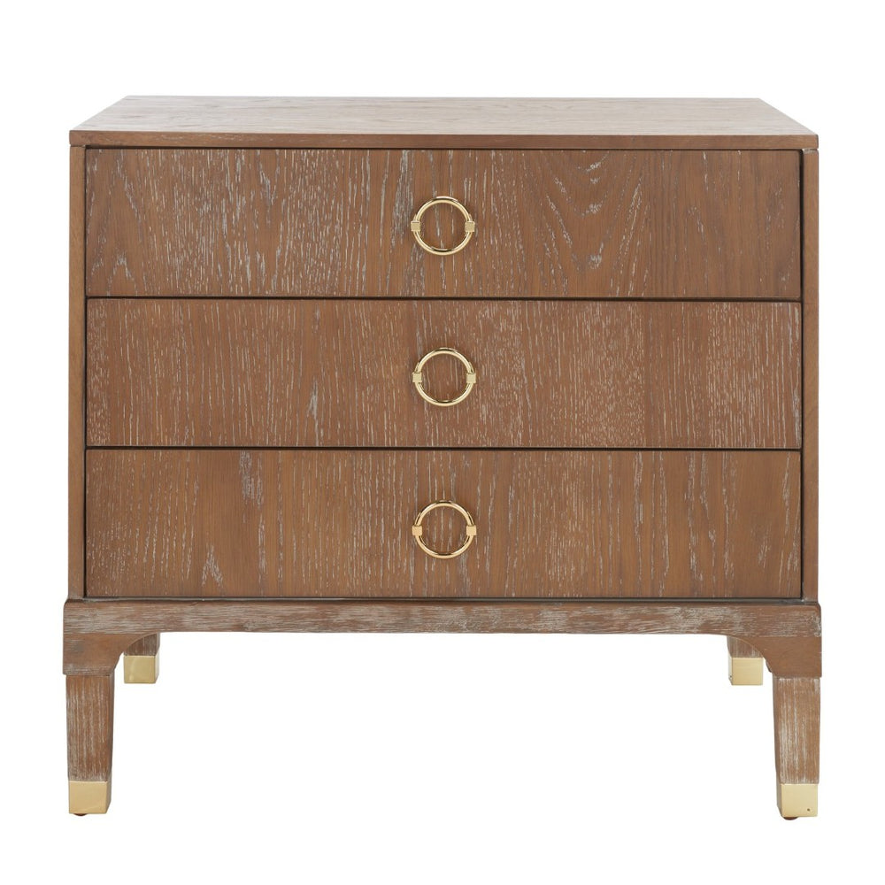Safavieh Lorna Contemporary Nightstand With 3 Spacious Drawers For Elegant Bedroom Storage Solutions Oak Wood Vaneer/Gold FOX6232D