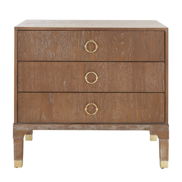 Safavieh Lorna Contemporary Nightstand With 3 Spacious Drawers For Elegant Bedroom Storage Solutions Oak Wood Vaneer/Gold FOX6232D