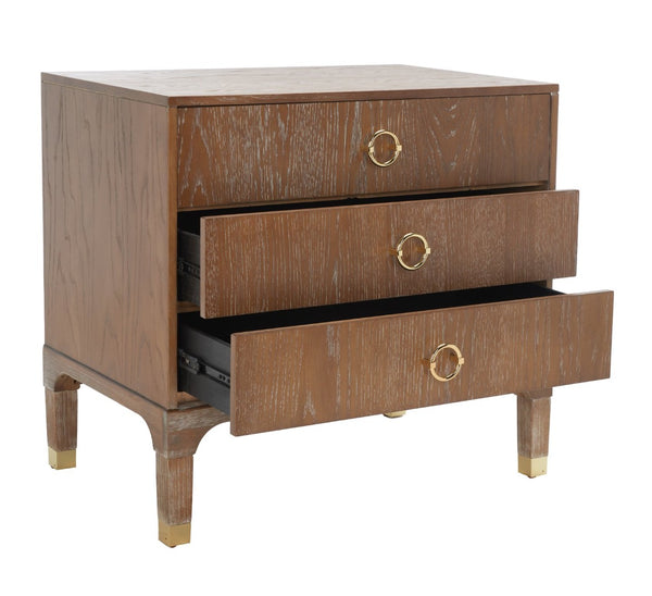 Safavieh Lorna Contemporary Nightstand With 3 Spacious Drawers For Elegant Bedroom Storage Solutions Oak Wood Vaneer/Gold FOX6232D