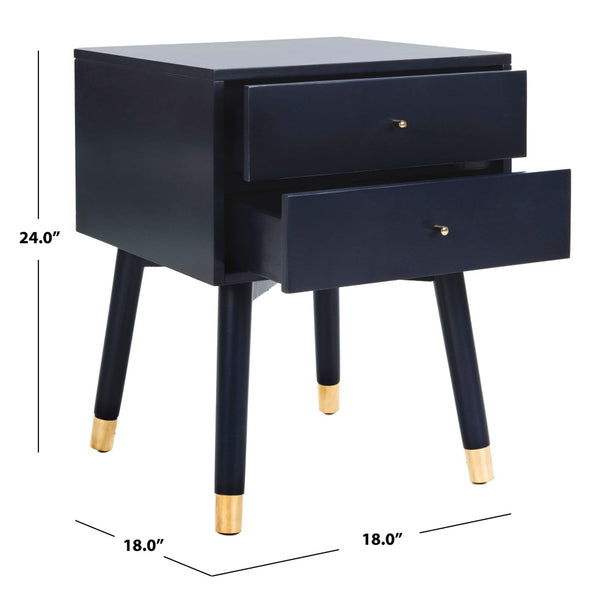 Safavieh Lyla Mid-Century Modern Nightstand With Two Drawers For Stylish Storage And Timeless Elegance Navy/Gold FOX6234A
