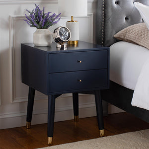 Safavieh Lyla Mid-Century Modern Nightstand With Two Drawers For Stylish Storage And Timeless Elegance Navy/Gold FOX6234A