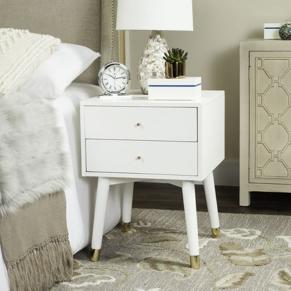 Safavieh Lyla Mid-Century Modern Nightstand With Two Drawers For Stylish Storage And Timeless Elegance White/Gold FOX6234B