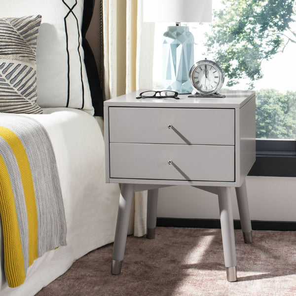 Safavieh Lyla Mid-Century Modern Nightstand With Two Drawers, Vintage Italian Design For Stylish Storage Grey/Silver FOX6234C