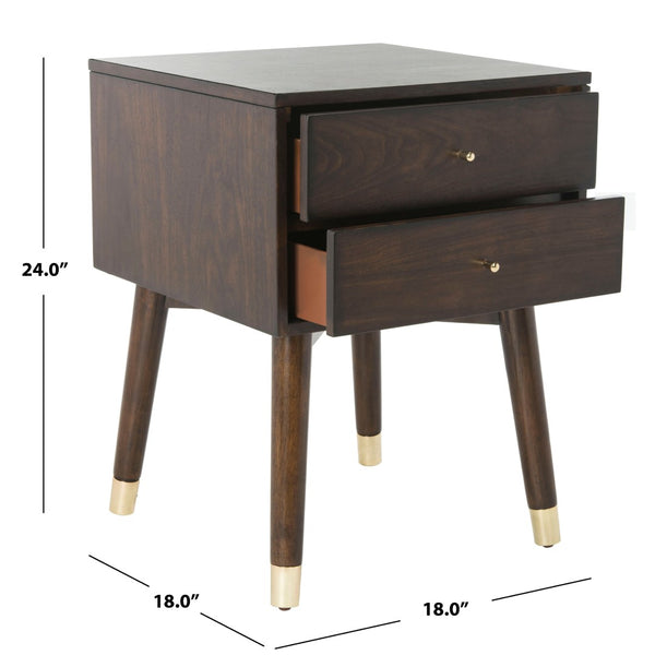 Safavieh Lyla Mid-Century Modern Nightstand With Two Drawers, Vintage Italian Design For Stylish Storage Walnut/Gold FOX6234E