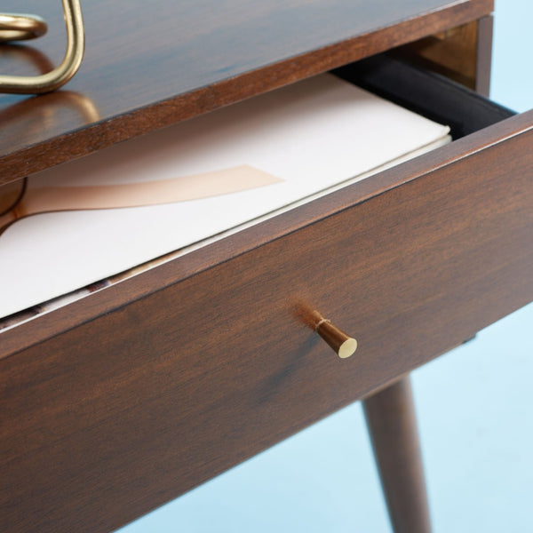 Safavieh Lyla Mid-Century Modern Nightstand With Two Drawers, Vintage Italian Design For Stylish Storage Walnut/Gold FOX6234E