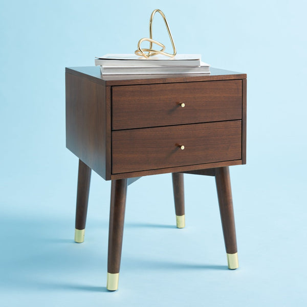 Safavieh Lyla Mid-Century Modern Nightstand With Two Drawers, Vintage Italian Design For Stylish Storage Walnut/Gold FOX6234E