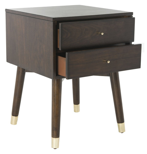 Safavieh Lyla Mid-Century Modern Nightstand With Two Drawers, Vintage Italian Design For Stylish Storage Walnut/Gold FOX6234E