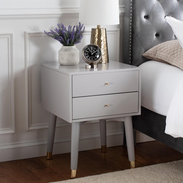 Safavieh Lyla Mid-Century Modern Nightstand With Two Drawers, Vintage Italian Design For Stylish Storage Grey/Gold FOX6234F