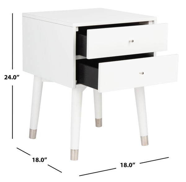 Safavieh Lyla Mid-Century Modern Nightstand With Two Drawers, Vintage Italian Design For Stylish Storage White/Silver FOX6234H