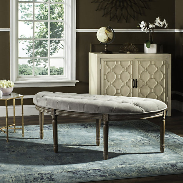 Safavieh Abilene Elegant Semicircle Bench - Classic French Design For Entryway Or Living Space Accent Furniture Grey Velvet/Rustic Oak FOX6238B