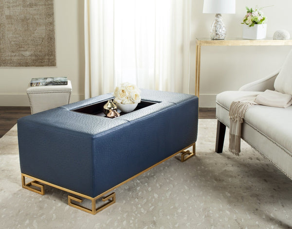 Safavieh Julian Elegant Tray Ottoman Coffee Table With Plush Upholstery And Removable Metal Tray Design Navy/Gold FOX6243B