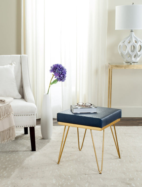 Safavieh Jenine Vegan Ostrich Square Bench - Chic Modern Accent Piece For Entryway, Living Space, Or Bedroom Navy/Gold FOX6248B