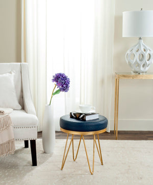 Safavieh Jenine Elegant Vegan Ostrich Round Bench - Luxurious Navy Upholstery & Gold Finish For Versatile Spaces FOX6249B