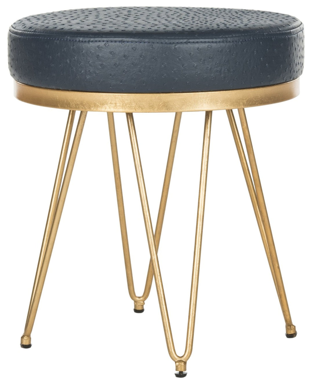 Safavieh Jenine Elegant Vegan Ostrich Round Bench - Luxurious Navy Upholstery & Gold Finish For Versatile Spaces FOX6249B