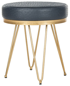 Safavieh Jenine Elegant Vegan Ostrich Round Bench - Luxurious Navy Upholstery & Gold Finish For Versatile Spaces FOX6249B