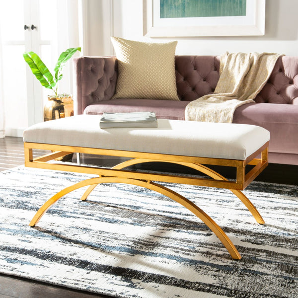 Safavieh Moon Sculptural Linen Bench With Warm Gold Base - Versatile Modern Accent For Any Space FOX6250C