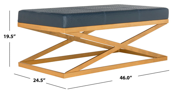 Safavieh Alexes Elegant Vegan Ostrich Bench In Deep Navy With Gold Base – Stylish, Multi-Functional Seating Option FOX6252B