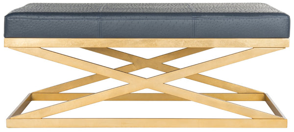 Safavieh Alexes Elegant Vegan Ostrich Bench In Deep Navy With Gold Base – Stylish, Multi-Functional Seating Option FOX6252B