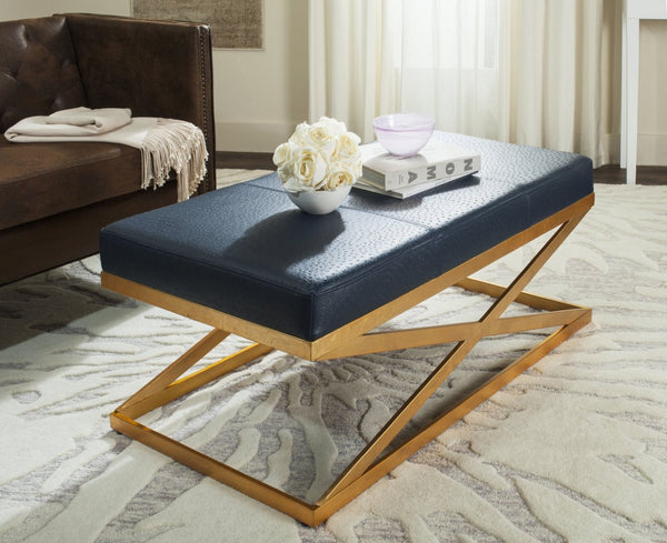 Safavieh Alexes Elegant Vegan Ostrich Bench In Deep Navy With Gold Base – Stylish, Multi-Functional Seating Option FOX6252B