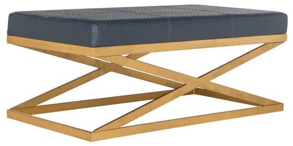 Safavieh Alexes Elegant Vegan Ostrich Bench In Deep Navy With Gold Base – Stylish, Multi-Functional Seating Option FOX6252B